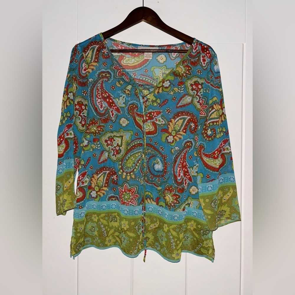 C.l.o.t.h.e.s Chiffon Sheer Paisley Peasant Top Women L Boho‎ Hippie Festive